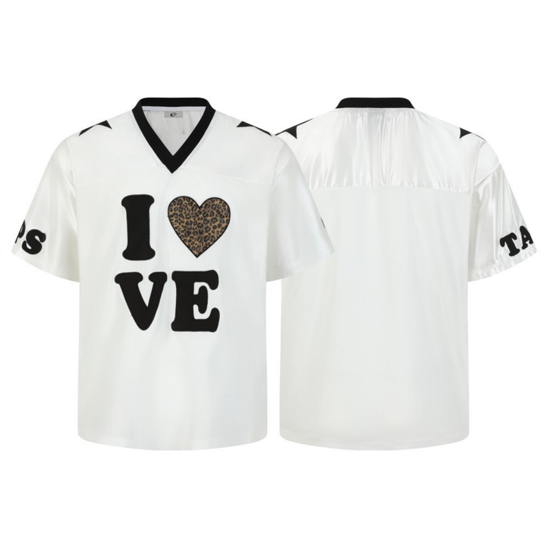 White varsity mesh jersey with black trim and leopard heart I Love graphic on the front, shown front and back
