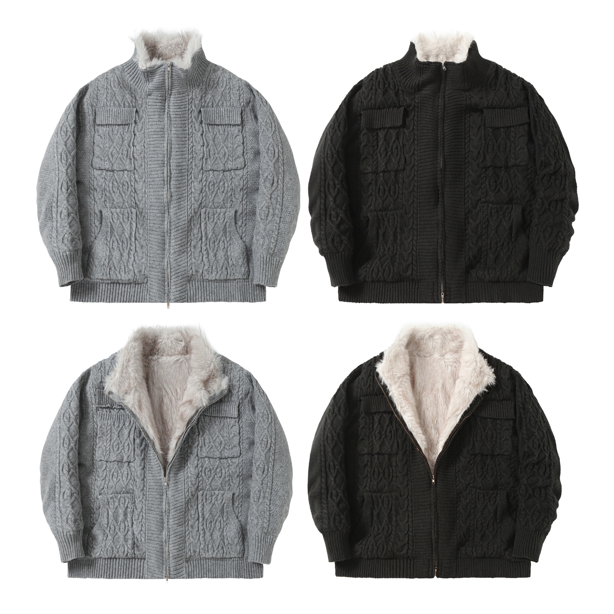 Grey cable-knit zip jacket with cream faux-fur fleece lining and collar, shown open and closed