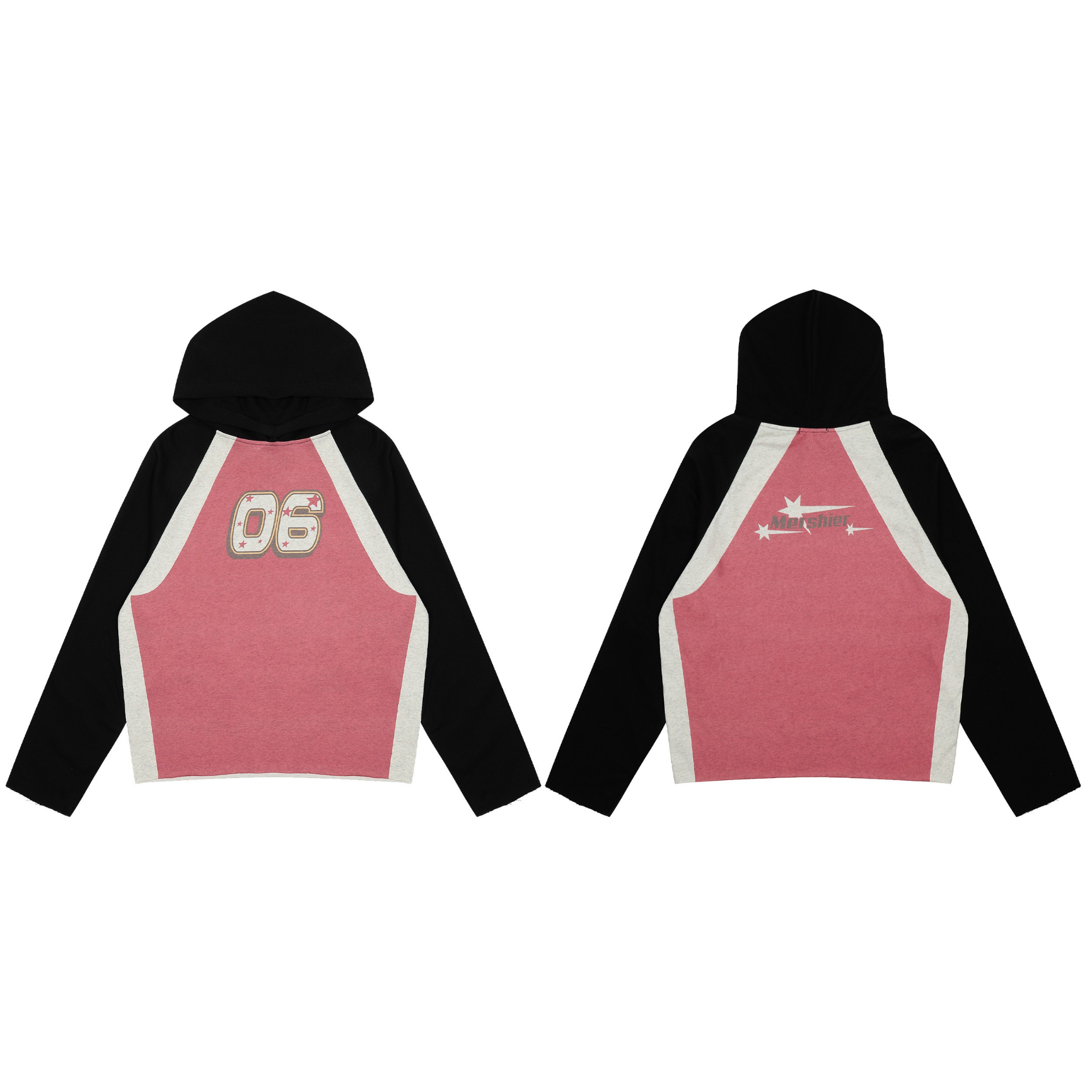 Pink and black colorblock raglan hoodie with varsity 06 chest graphic and cream contrast panels, front and back view
