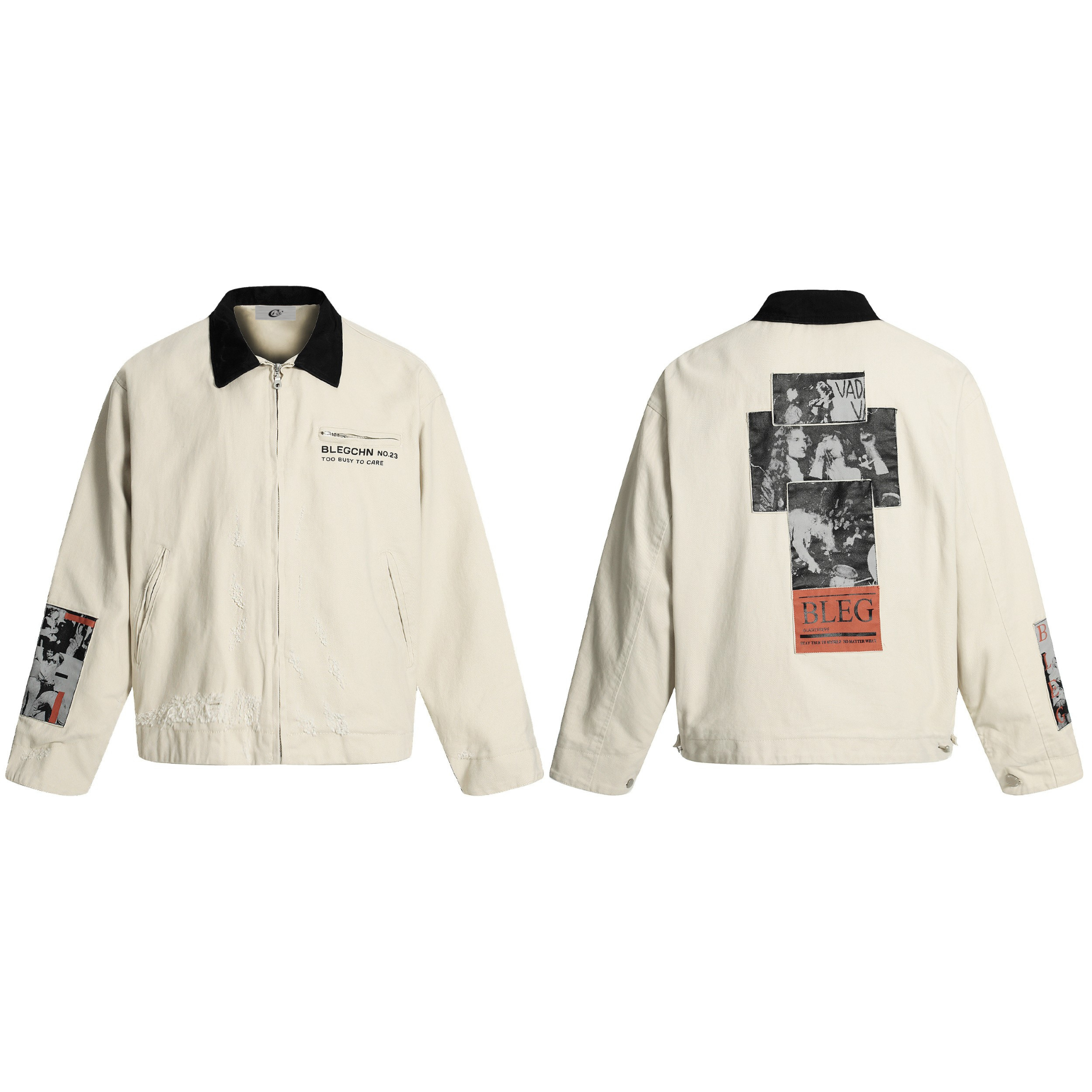 Front and back view of off-white distressed cotton work jacket with black corduroy collar, graphic patches, and full-zip clos