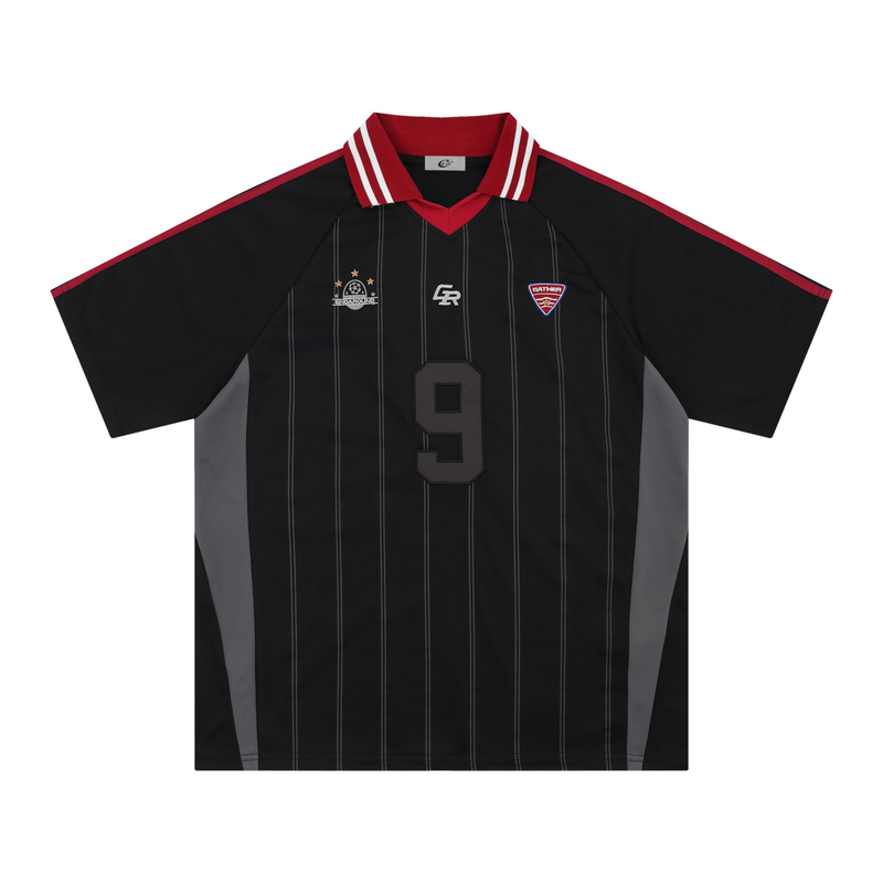 Black mesh soccer jersey polo with red collar, white striped trim, vertical pinstripes, and large number 9