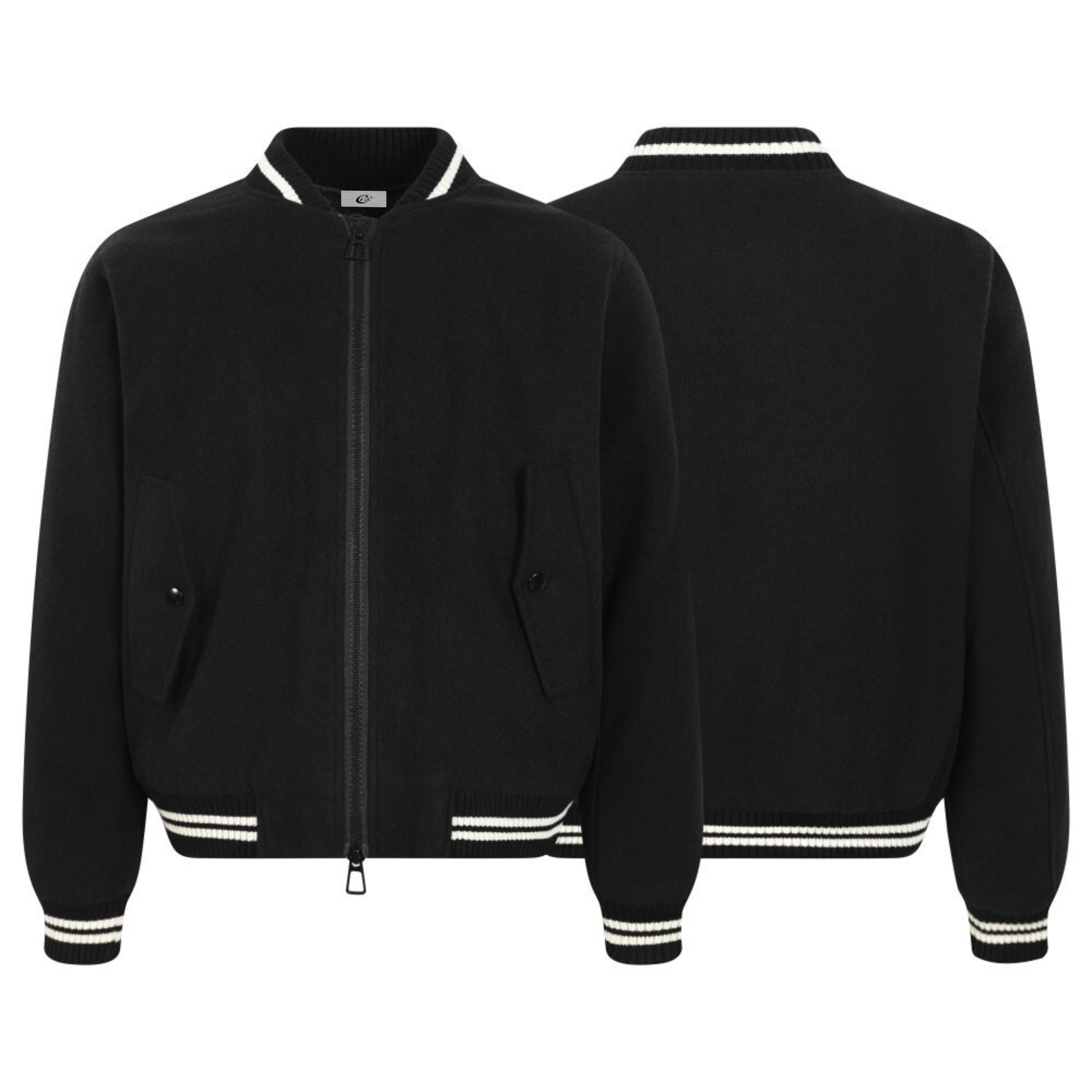 Front and back view of a black minimal varsity bomber jacket with white striped ribbed collar, cuffs, and hem