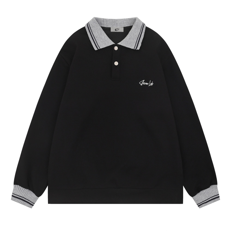 Black polo sweatshirt with gray striped knit collar, button placket, and chest logo, front view
