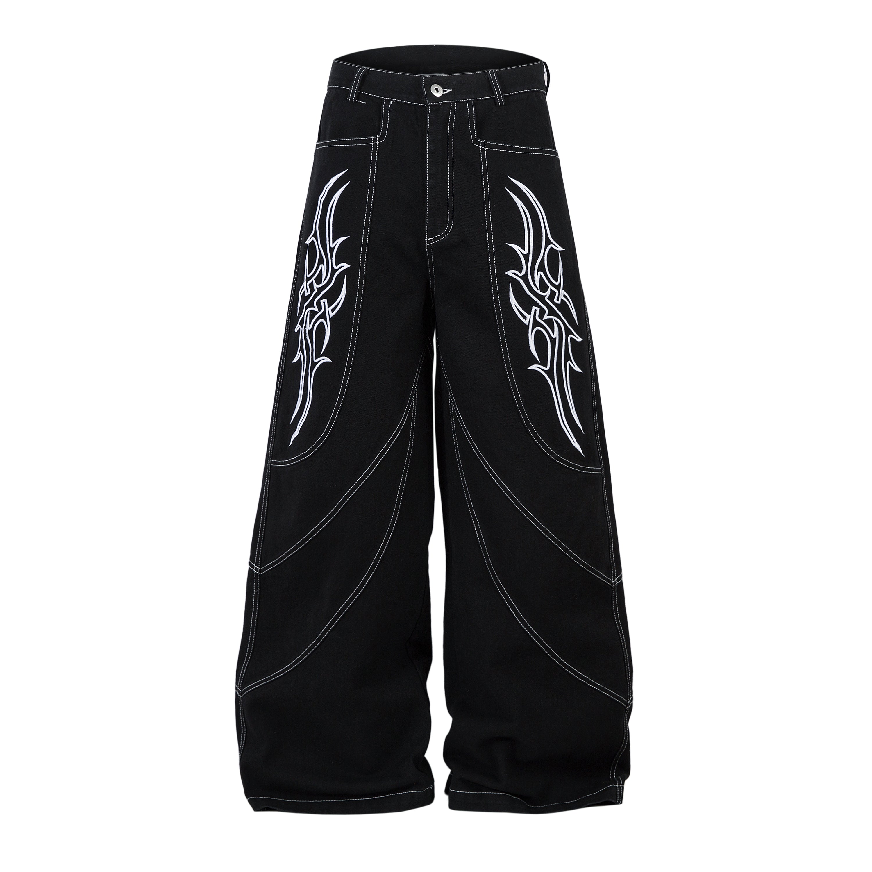 Tribal Embroidery Wide-Leg Jeans | Y2K Black Baggy Denim