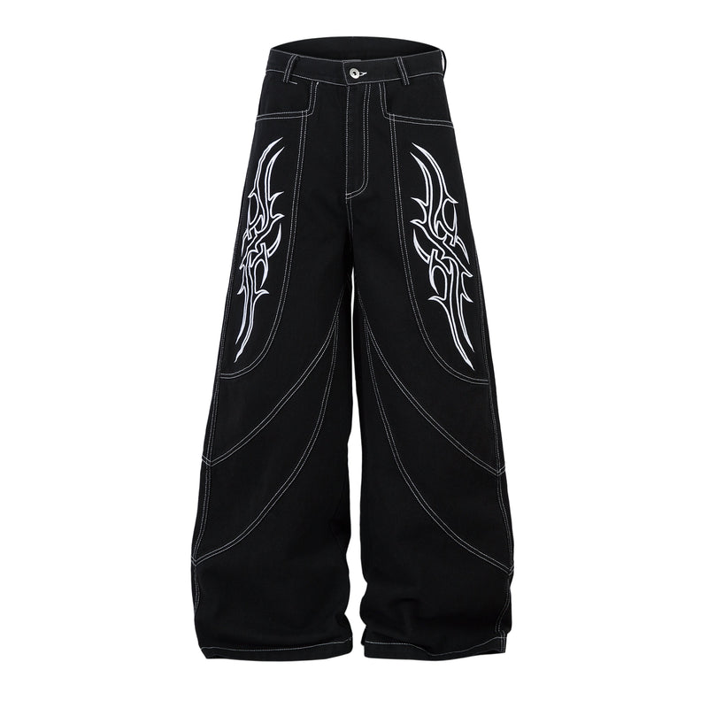 Tribal Embroidery Wide-Leg Jeans | Y2K Black Baggy Denim