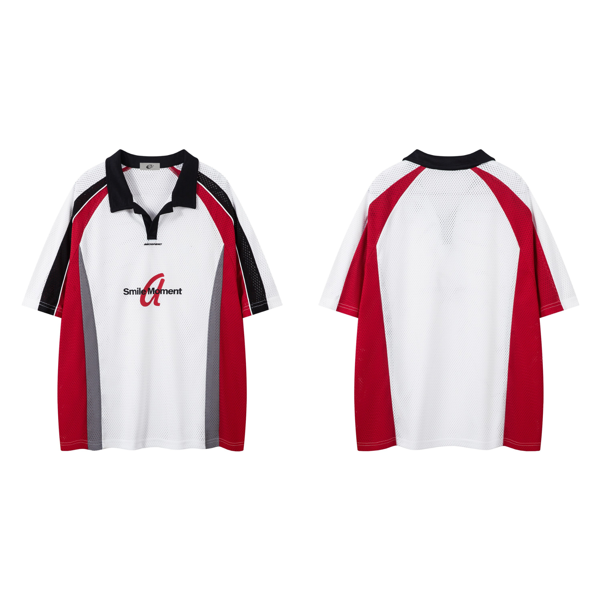 Front and back view of white red and black patchwork mesh polo jersey with Smile Moment graphic print