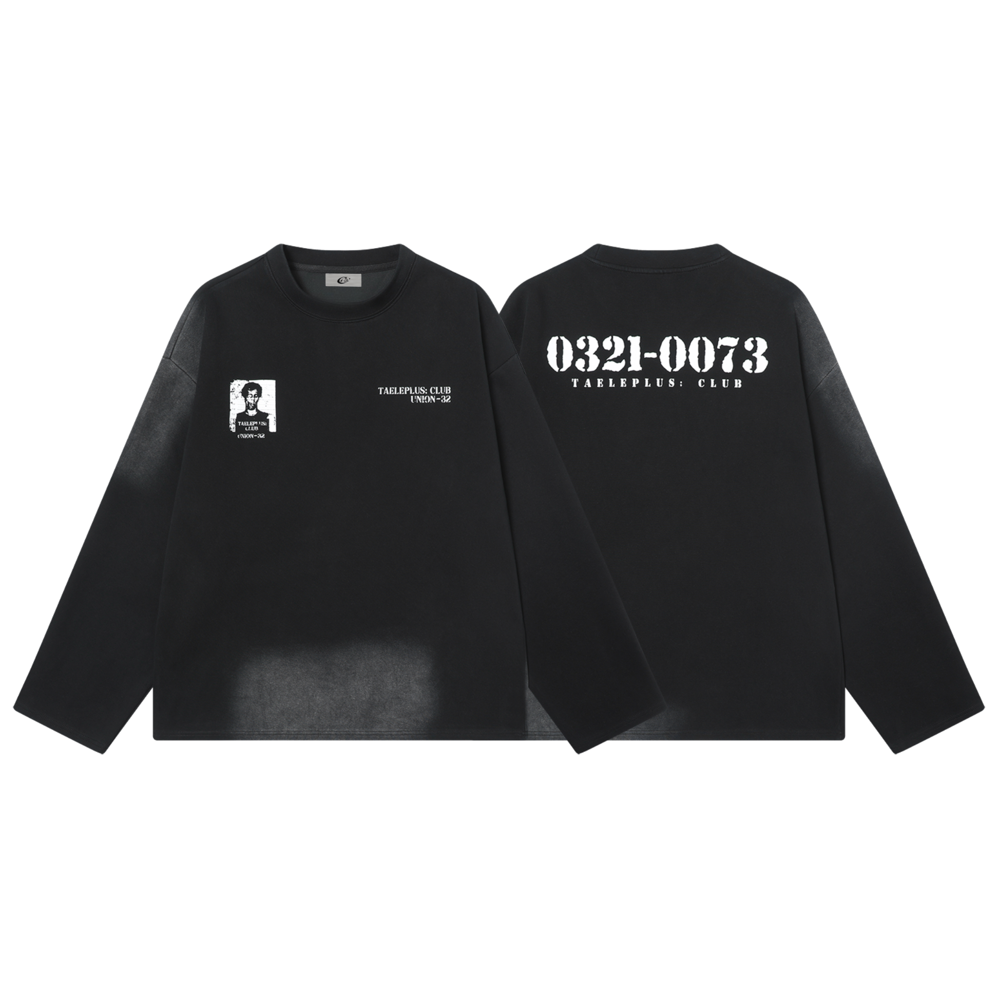 Front and back of black washed long sleeve tee with mugshot chest graphic and stencil number print on back