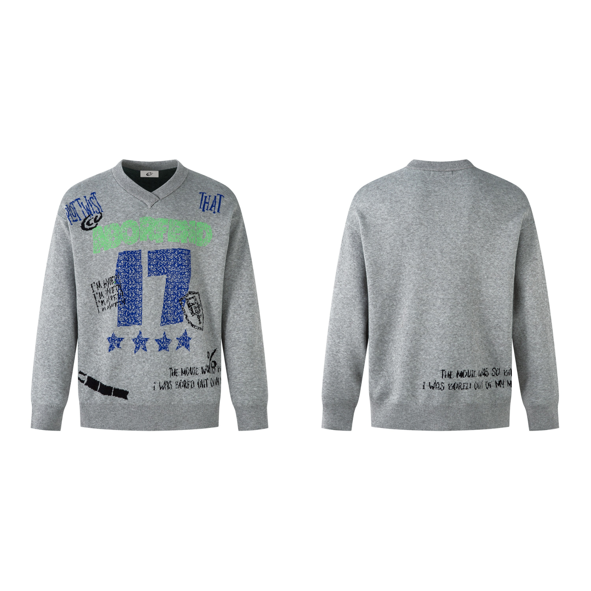 Grey marl V-neck knit sweater with blue number 17, neon green graffiti lettering and star motifs on the front