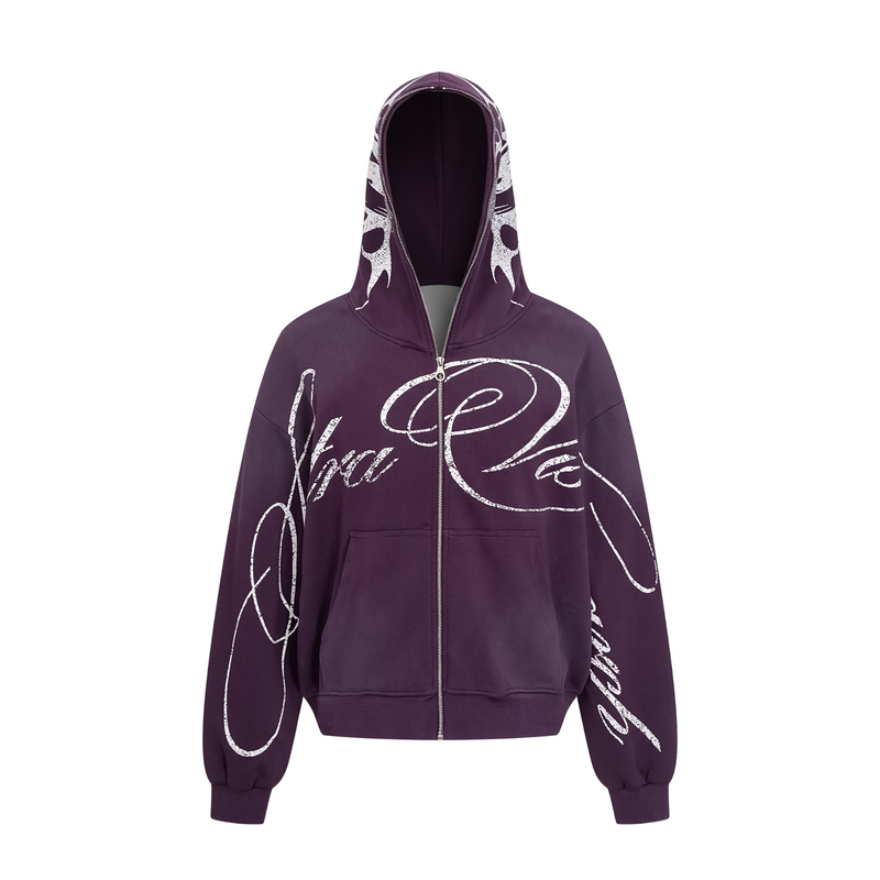 Purple oversized zip hoodie with white script print, front view with hood up