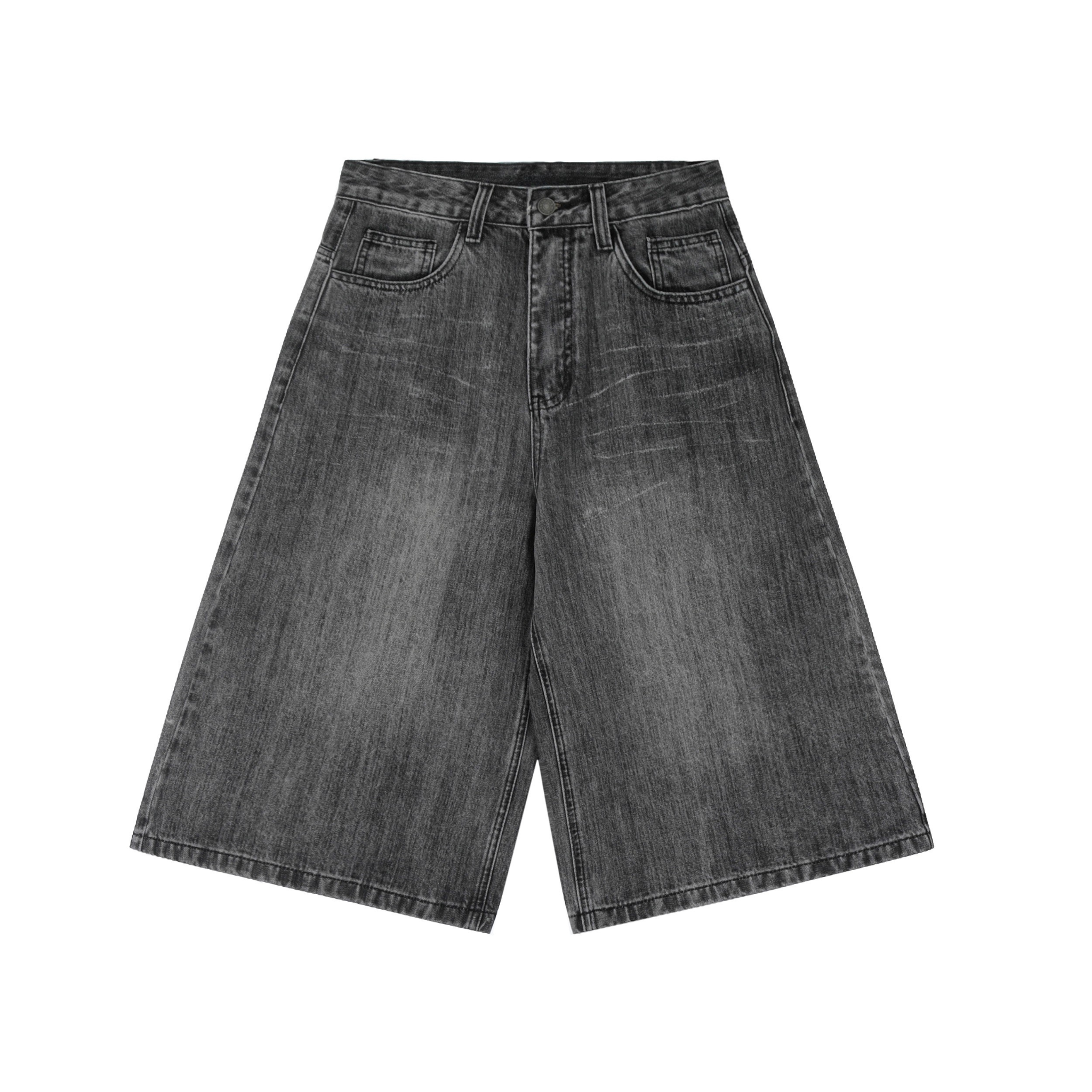 Front view of wide-leg charcoal wash denim shorts with five-pocket design on white background