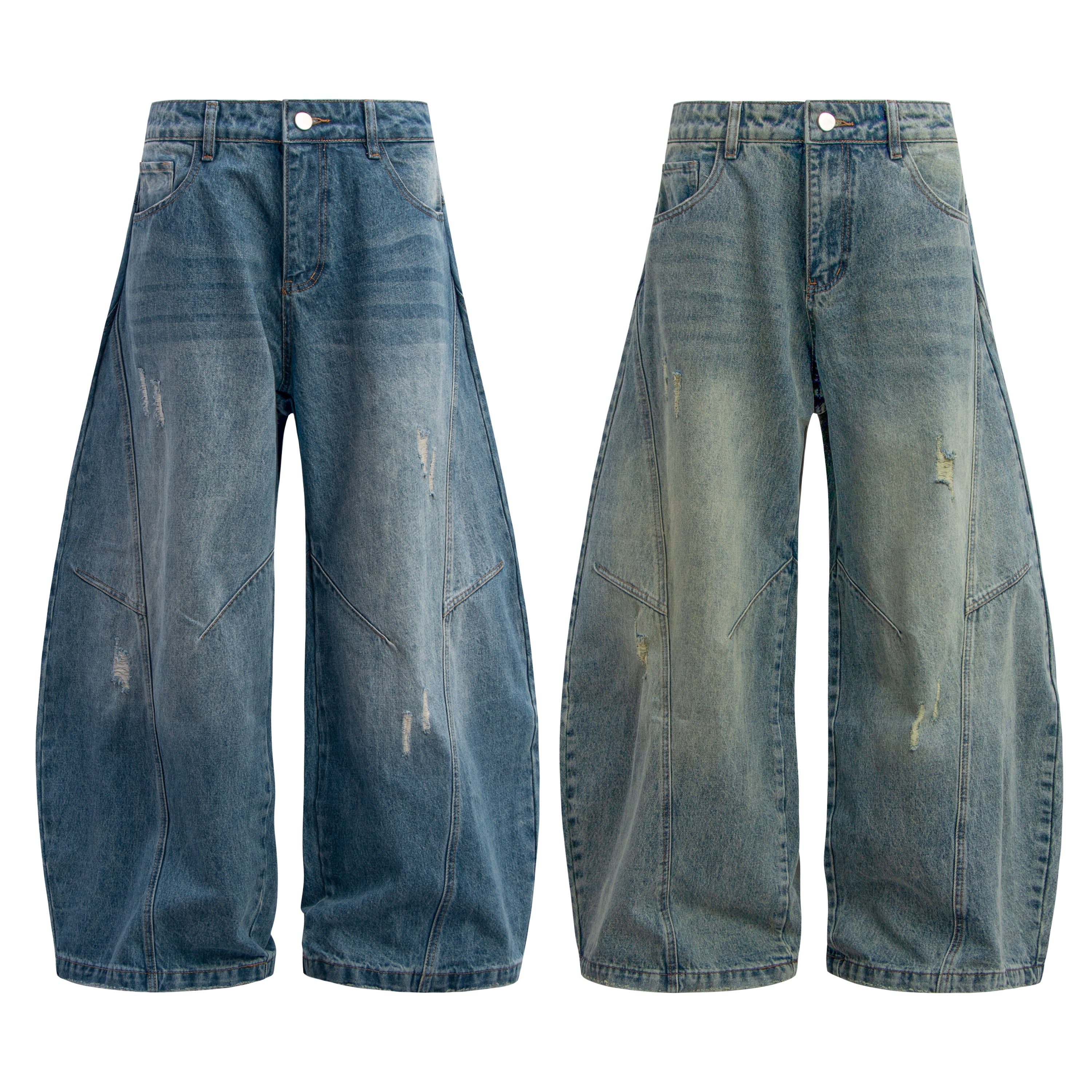 Omirad distressed panel wide-leg denim jeans in mid blue and green-tinted wash, front view on white background