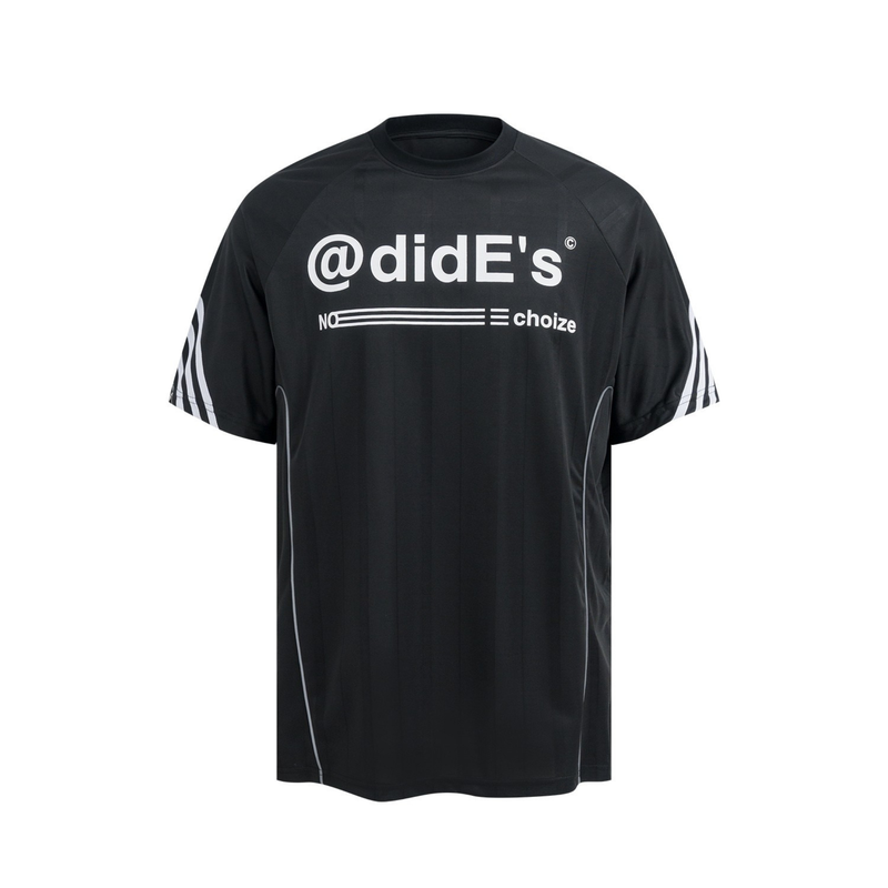 Black performance mesh athletic tee with white triple-stripe sleeve accents and bold front logo print