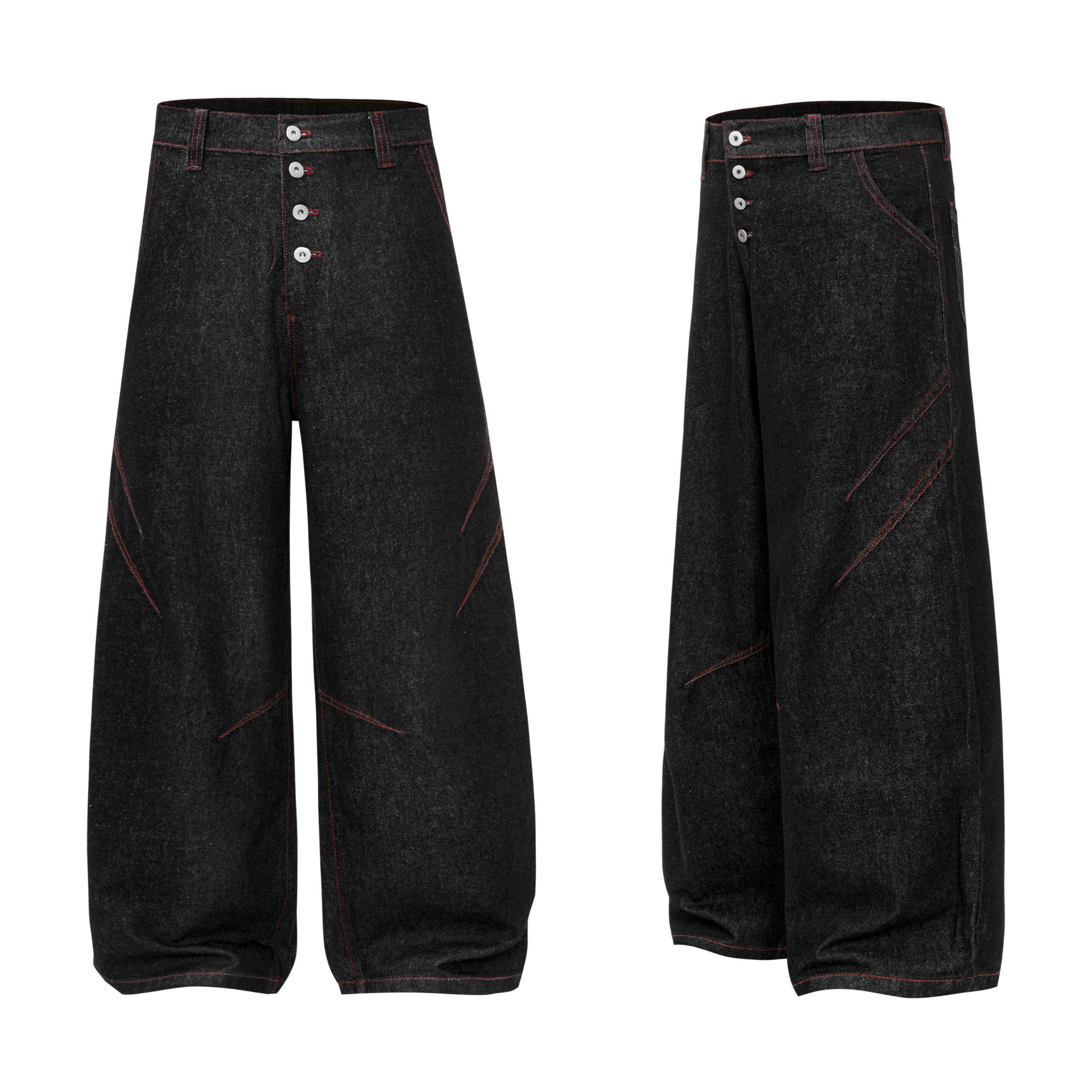 Omirad black wide leg denim pants with four-button front fly and red contrast topstitching, shown front and side view
