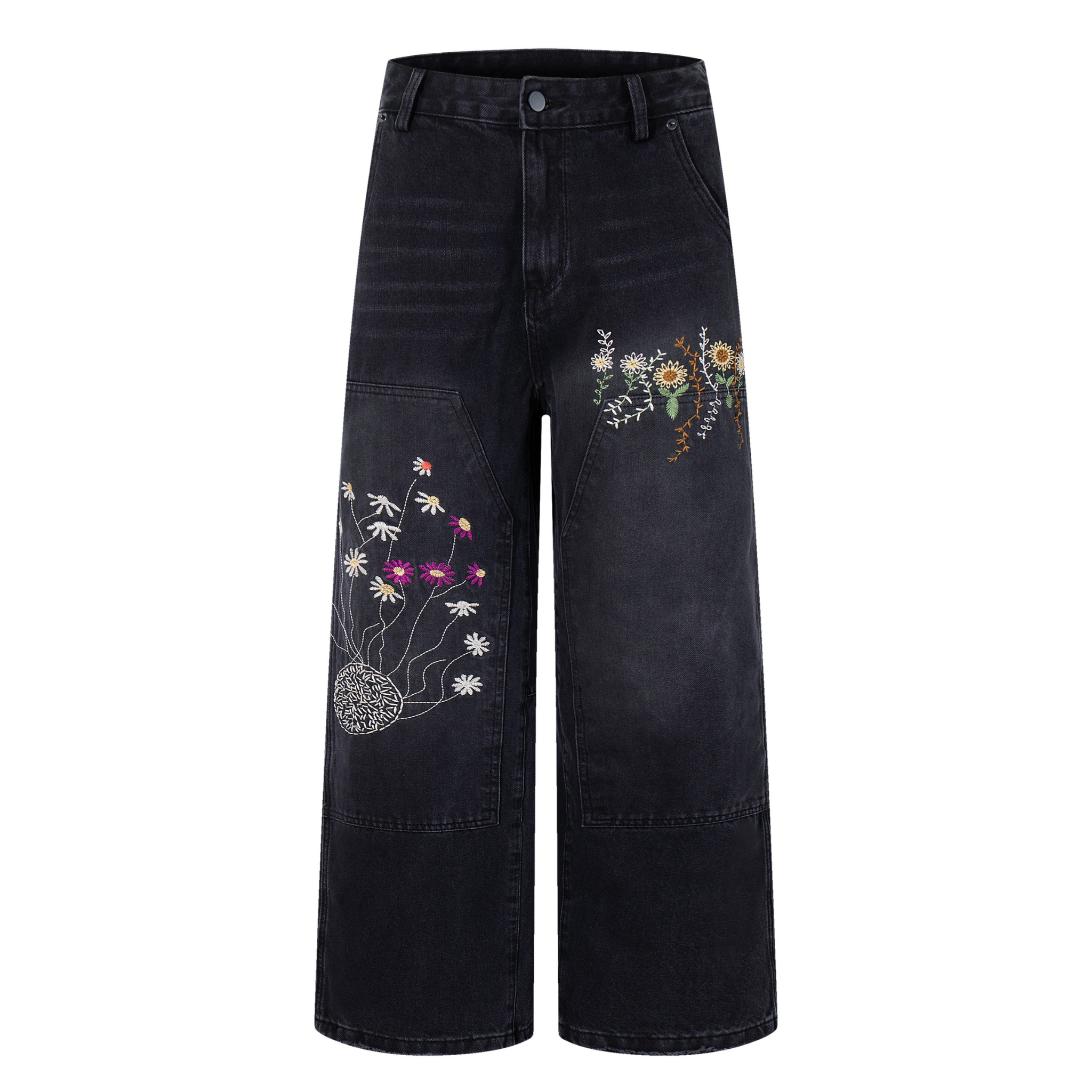 Floral Embroidered Wide-Leg Carpenter Jeans | Washed Black