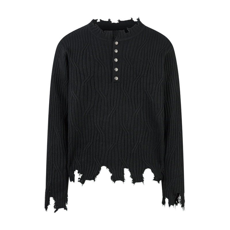 Black distressed ribbed henley sweater with four buttons, front view