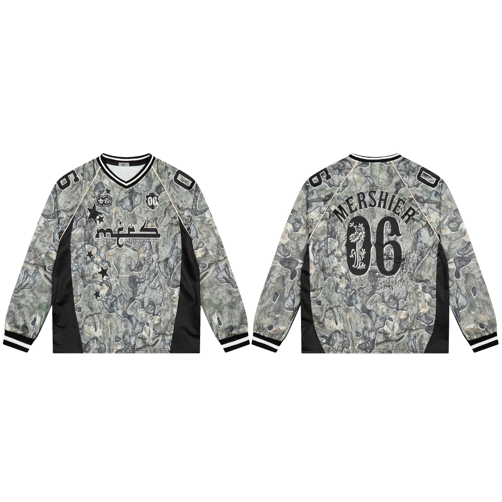 Front and back view of Mershier Camo Performance Mesh Jersey with abstract grey camo print, black side panels, and varsity nu