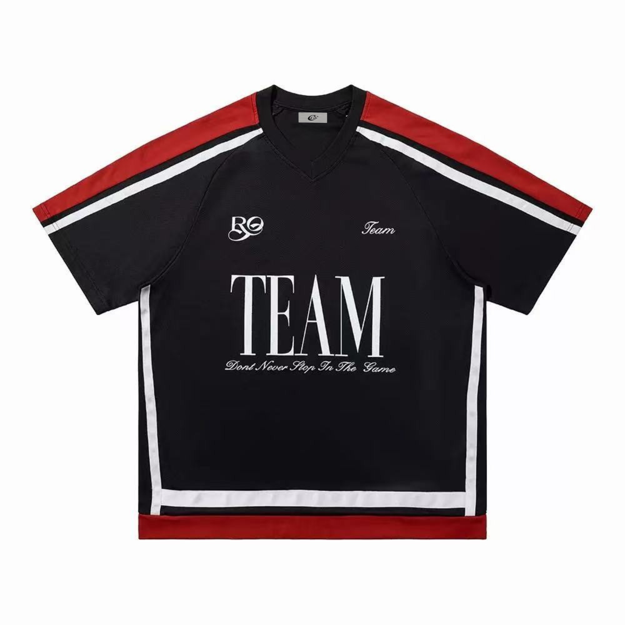 Flat lay front view of black oversized varsity mesh tee with red and white stripe accents and TEAM chest graphic