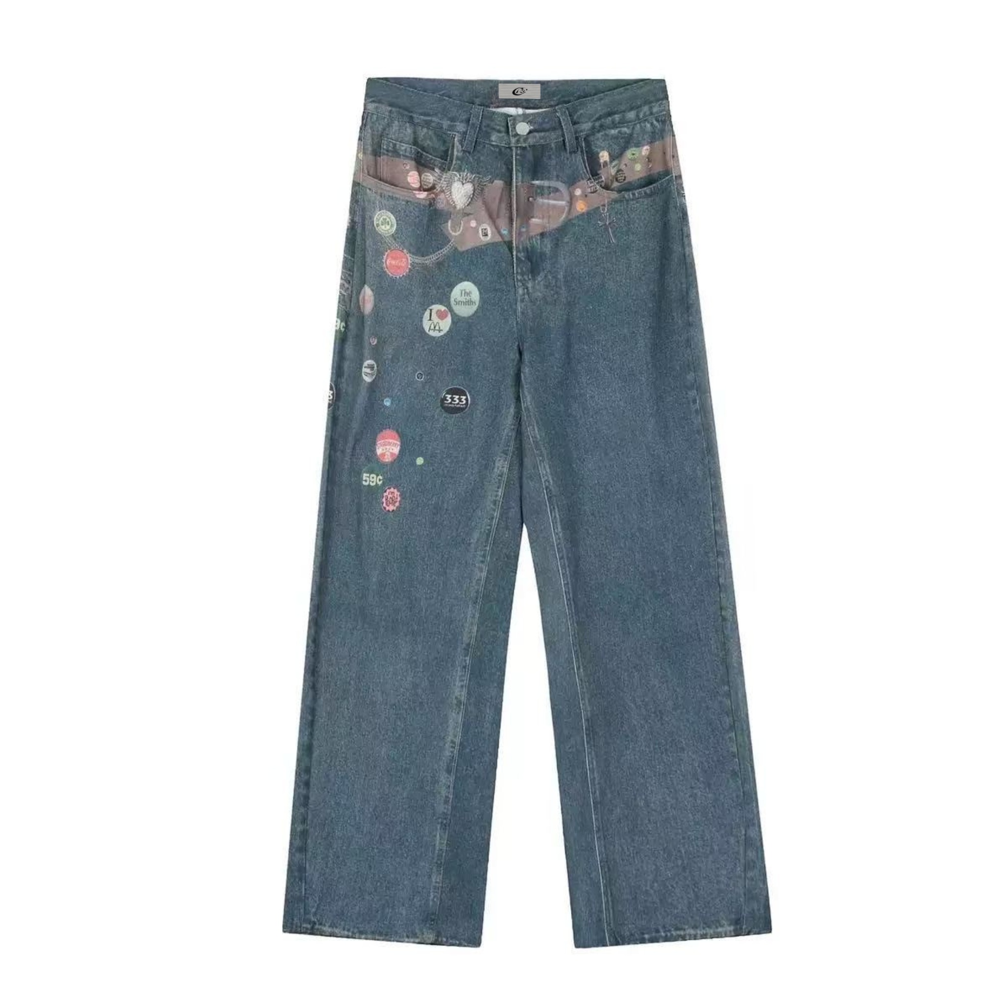 Patchwork Graphic Wide-Leg Jeans | Retro Streetwear Denim