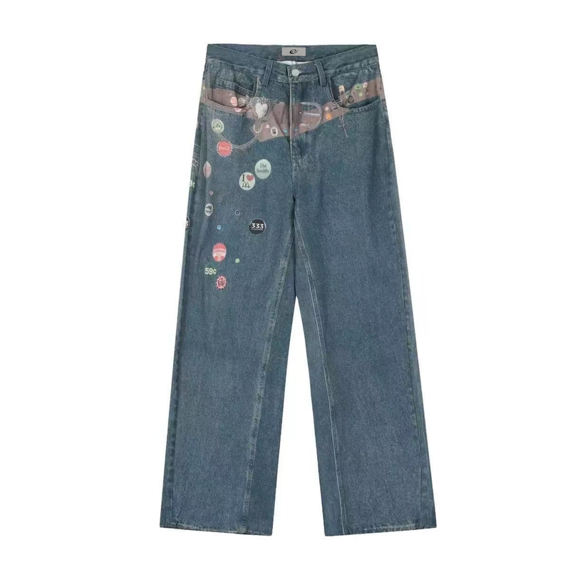 Patchwork Graphic Wide-Leg Jeans | Retro Streetwear Denim
