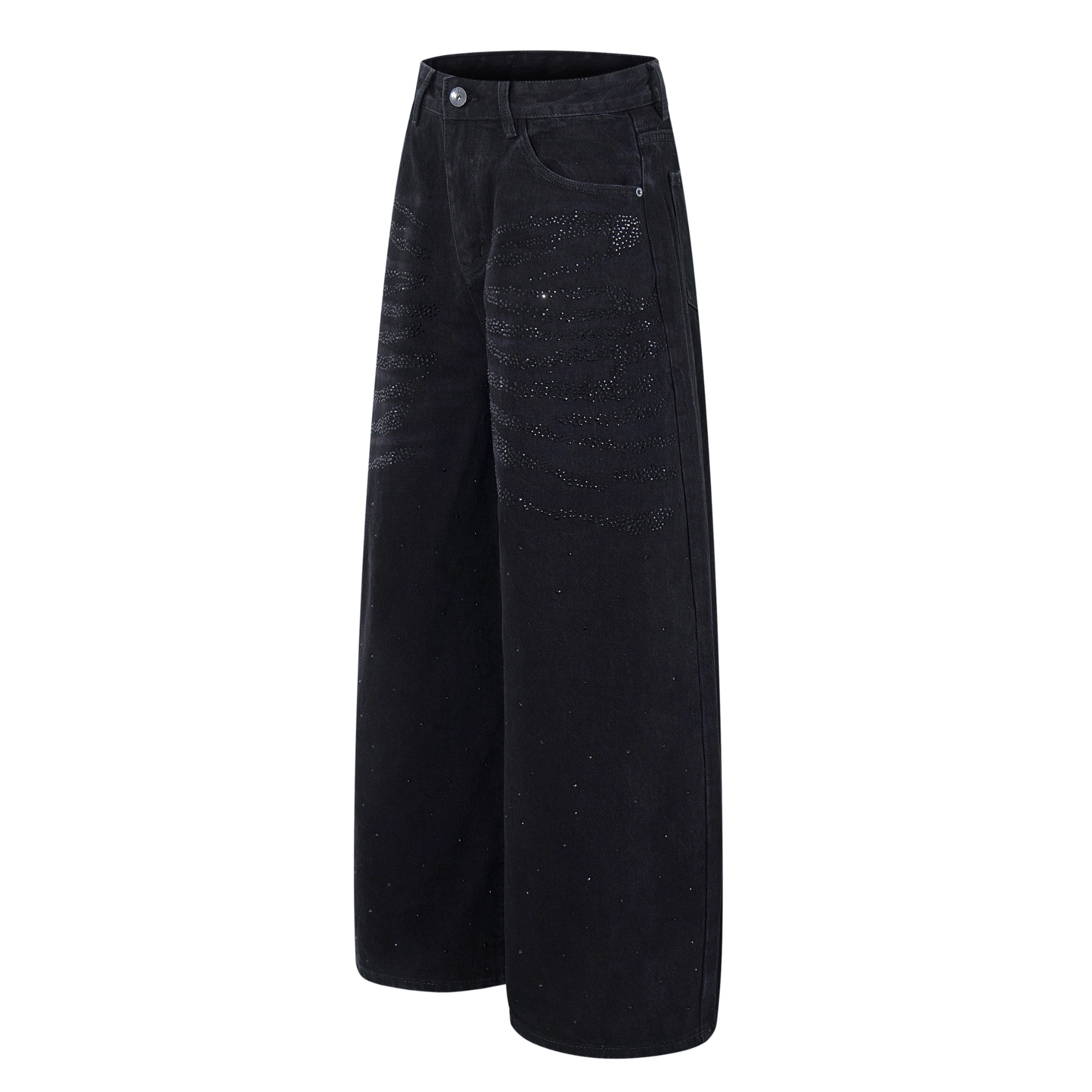 Omirad Rhinestone Wide-Leg Black Denim Jeans | SEAKOFF
