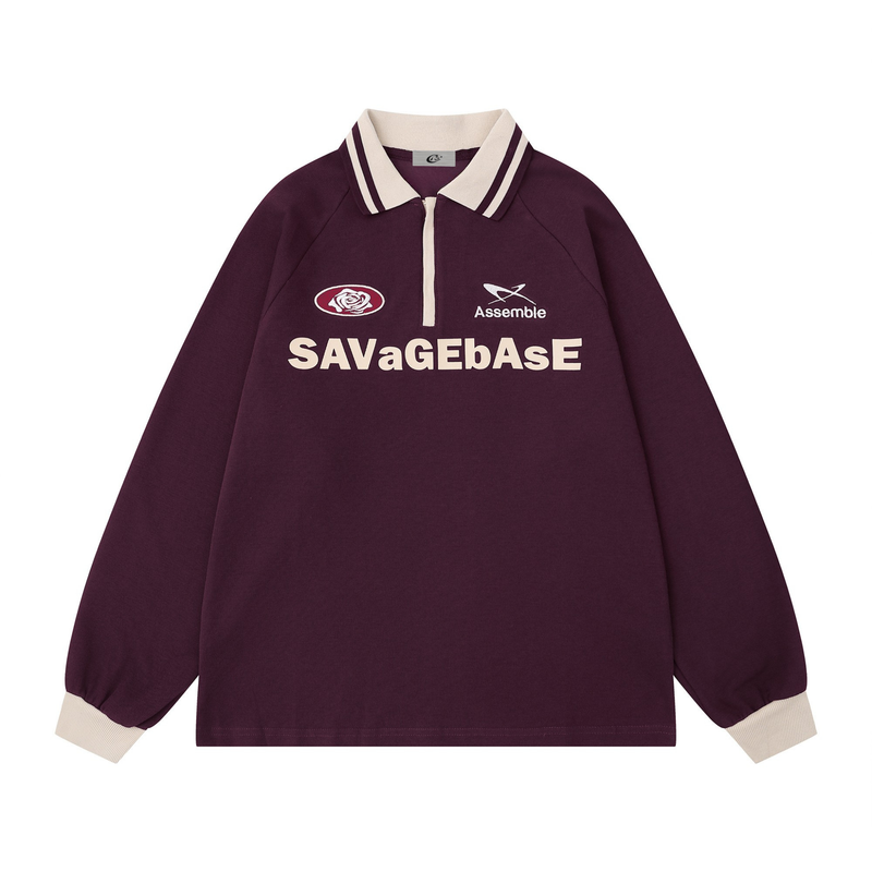 Front view of burgundy rugby polo sweatshirt with cream collar, zipper placket, and logo prints