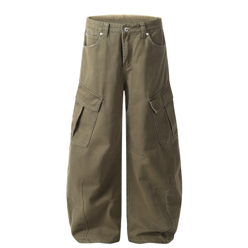 Olive wide-leg cargo jeans front view with flap cargo pockets and oversized fit