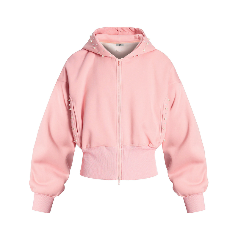 Pink cropped zip-up hoodie with pearl trim along the hood and side seams, front view