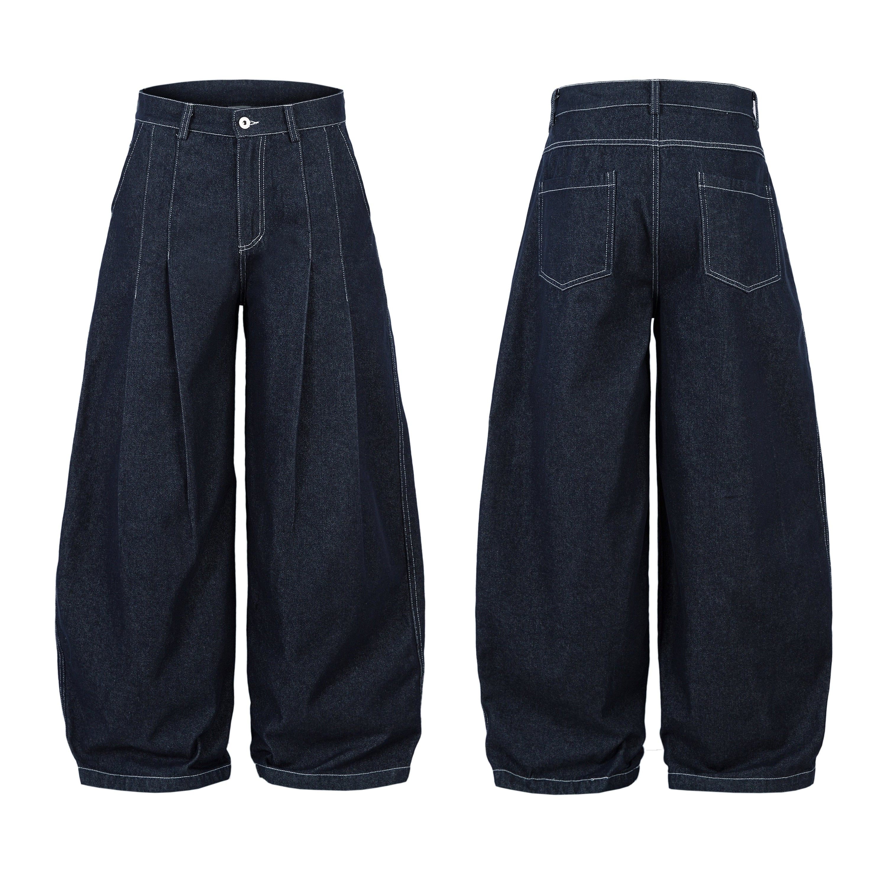 Front and back view of dark indigo wide-leg balloon denim jeans with white contrast stitching and deep box pleats