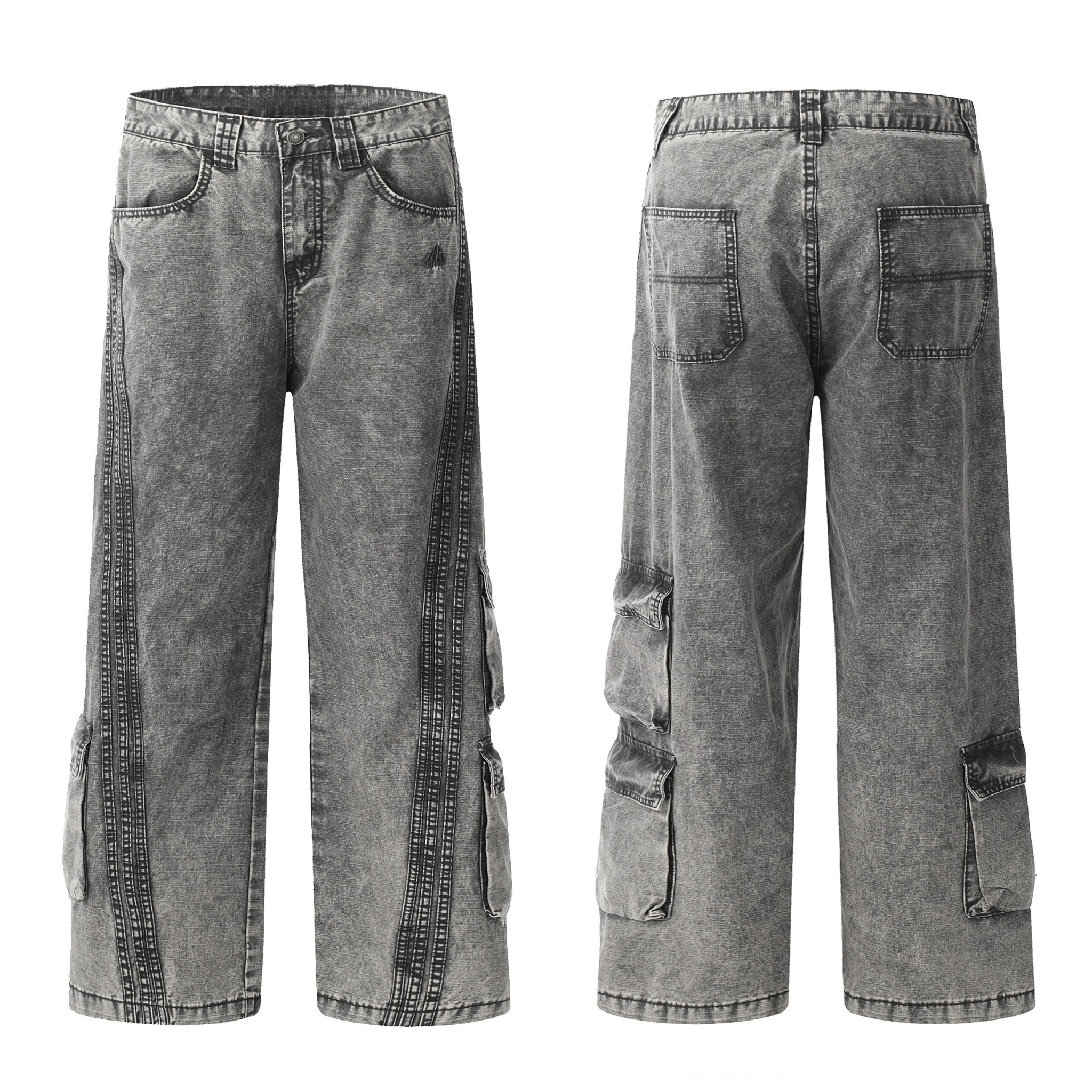 Front and back view of grey vintage stone-wash wide-leg cargo jeans with contrast panel stitching and utility pockets