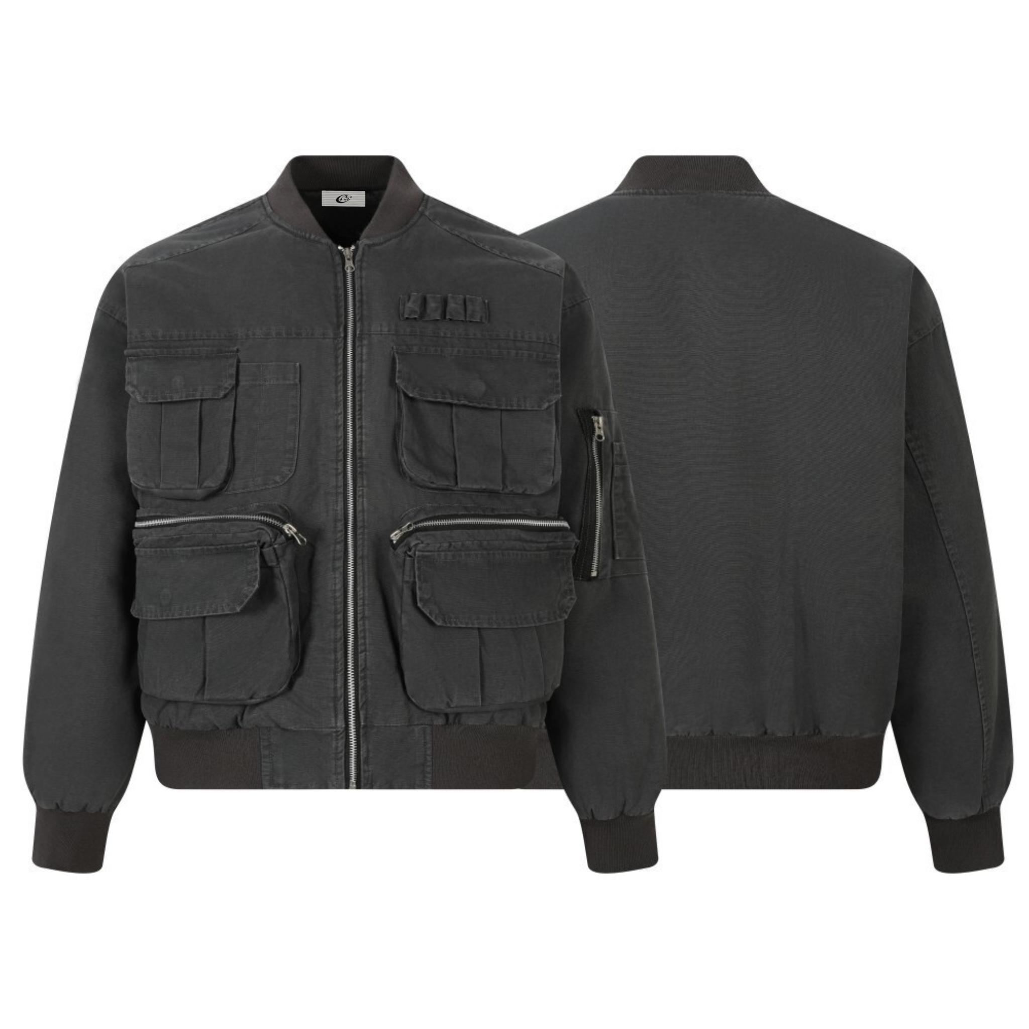 Omirad charcoal utility bomber jacket with multi-pocket front, zip and flap closures, shown front and back