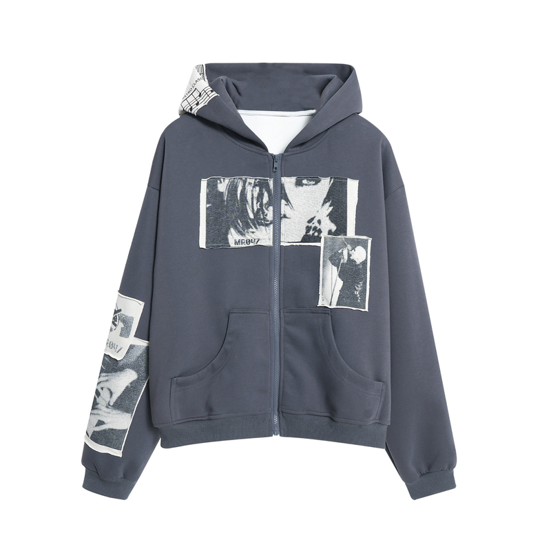 Dark gray zip hoodie front view with collage print on the chest and sleeve