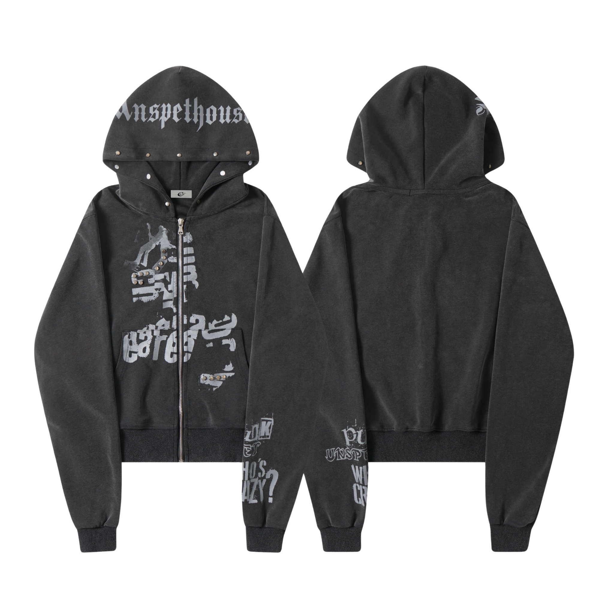 Front and back view of a dark charcoal cropped zip hoodie with gothic typography graphics and rivet hood detailing
