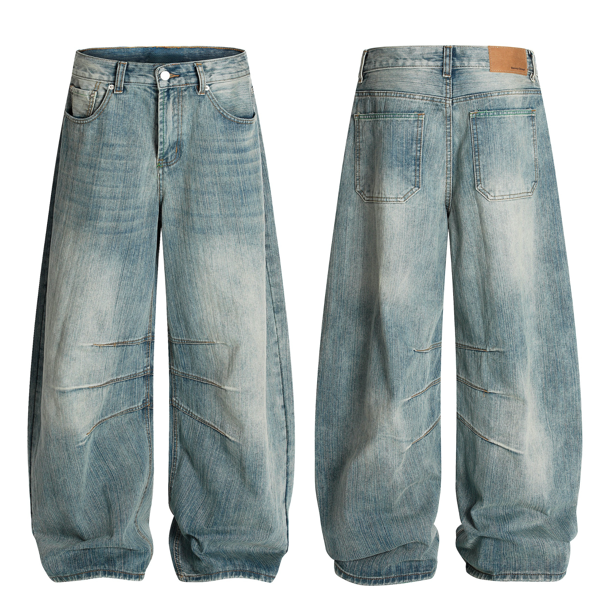 Front and back view of light-wash wide-leg jeans with draped crease knee detailing and stacked hem