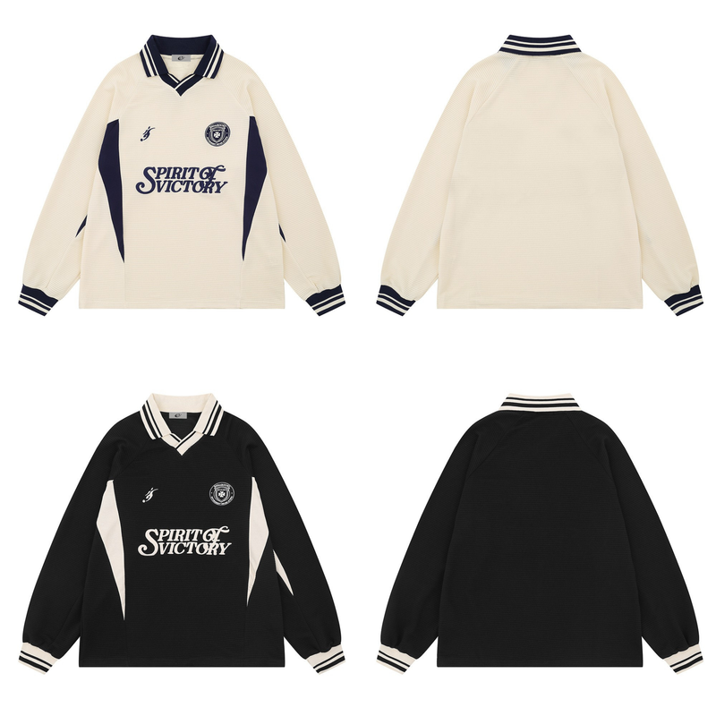 Two views of the cream and black long sleeve soccer jersey, front and back