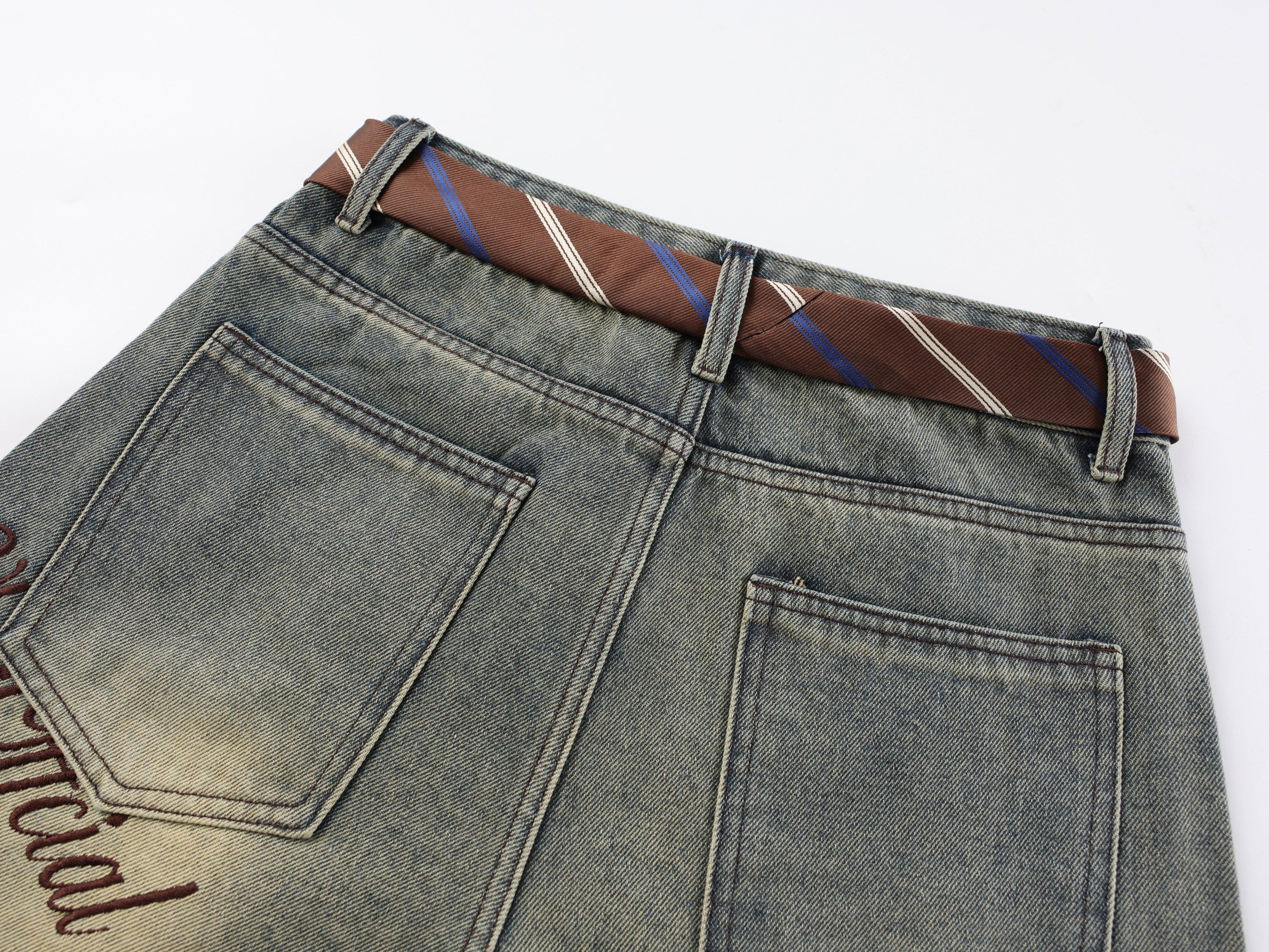 Wide-Leg Denim Pants with Tie Waist Detail | Vintage Wash