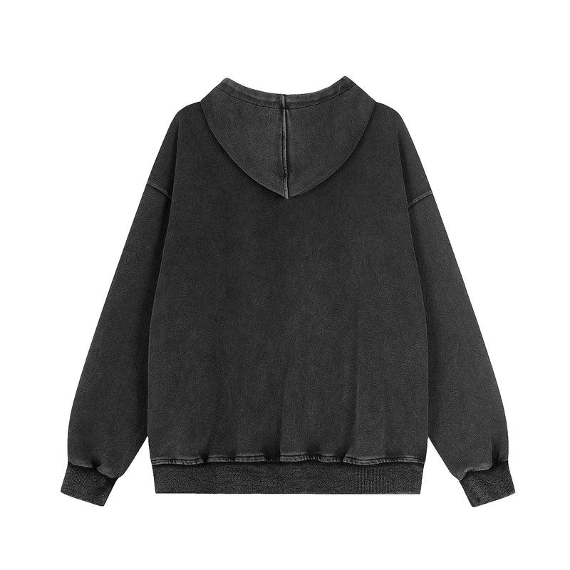 Back view of black oversized zip-up hoodie with plain hood
