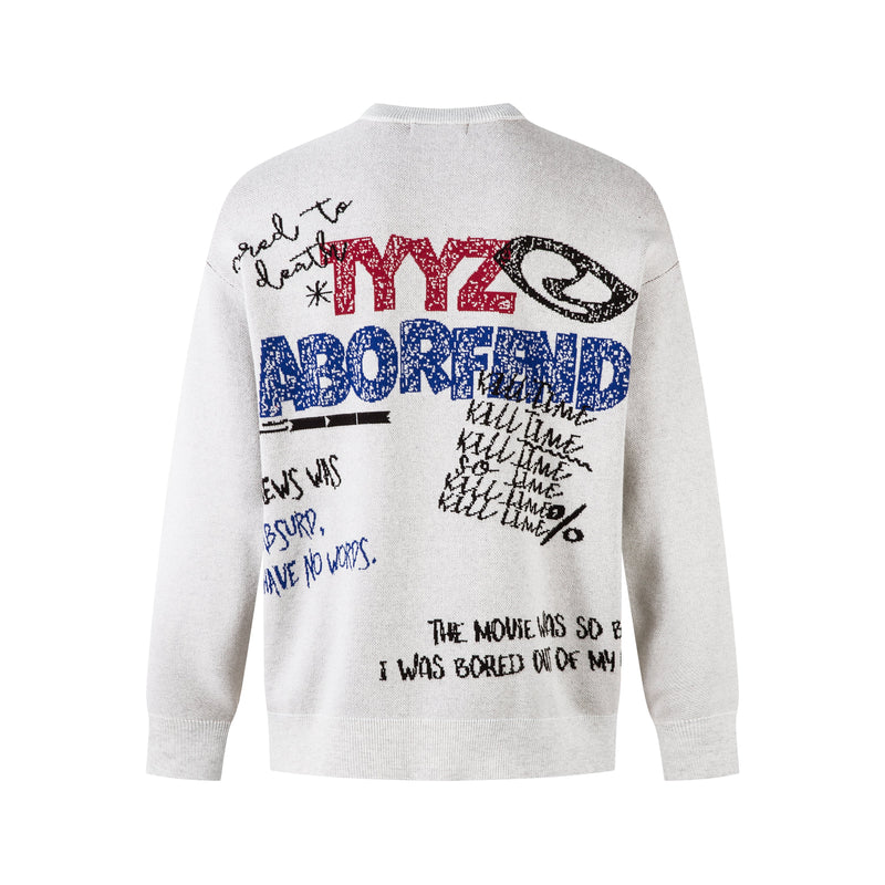 White knit sweater back with large red and blue graffiti-style embroidery and handwritten black text