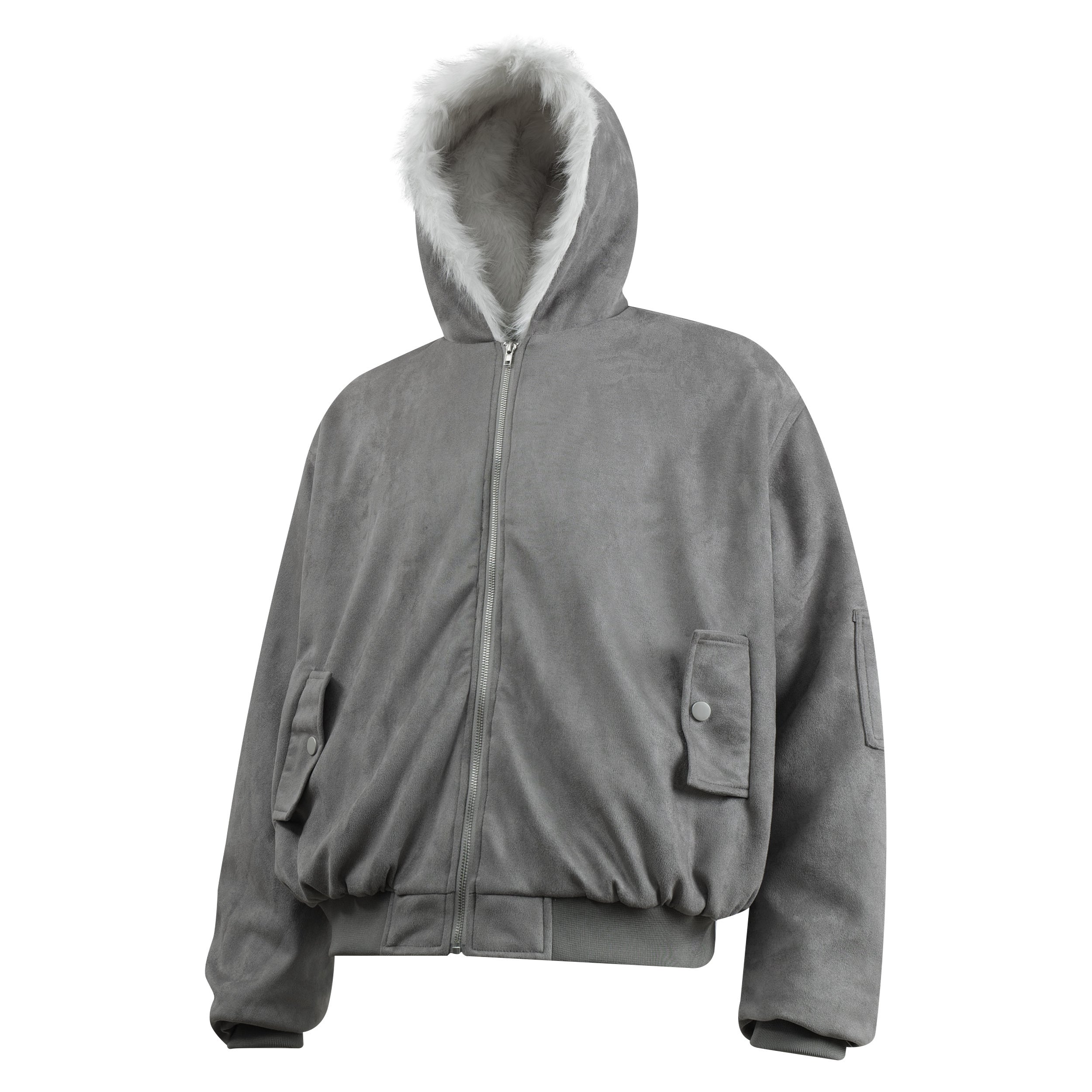 Faux-Fur Lined Suede Hoodie Bomber Jacket | Omirad