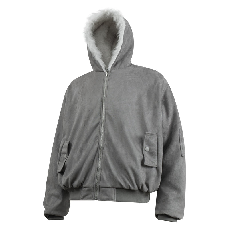 Faux-Fur Lined Suede Hoodie Bomber Jacket | Omirad