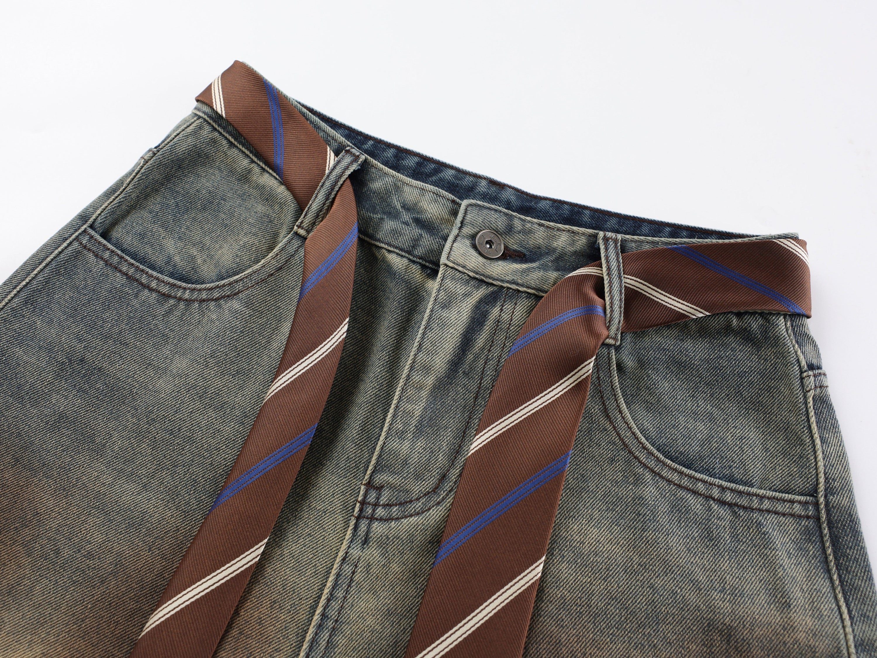 Wide-Leg Denim Pants with Tie Waist Detail | Vintage Wash