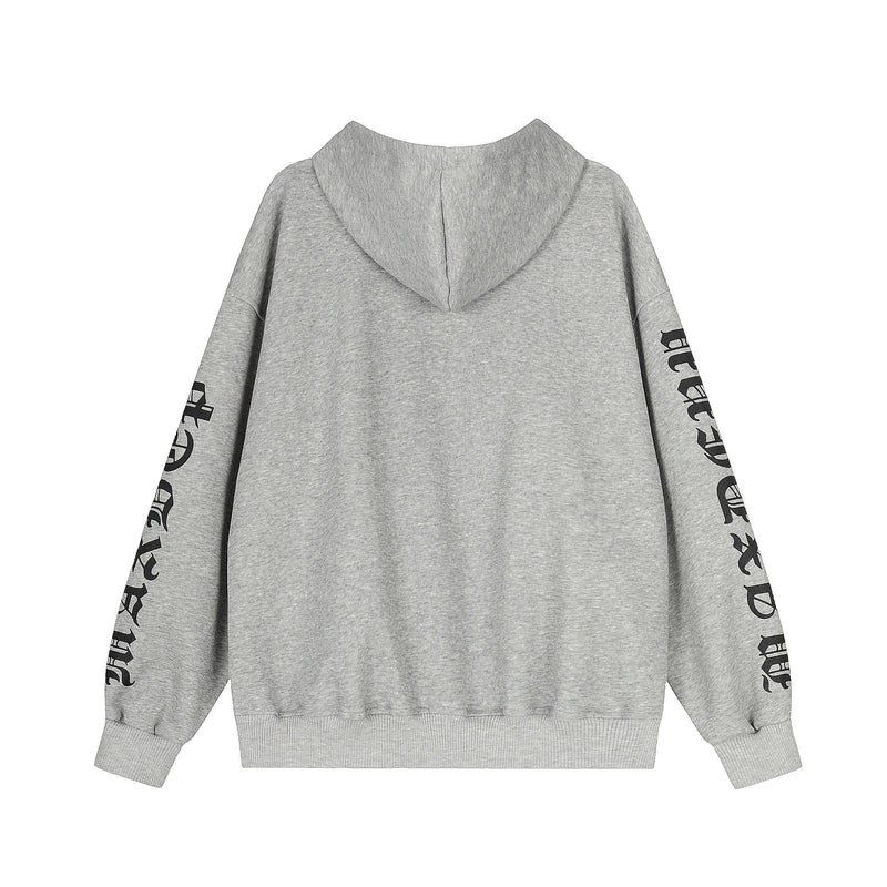 Light gray hoodie back view with hood and black graphic print along the sleeves