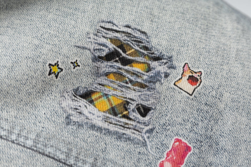 Omirad Patchwork Distressed Denim Puffer Jacket