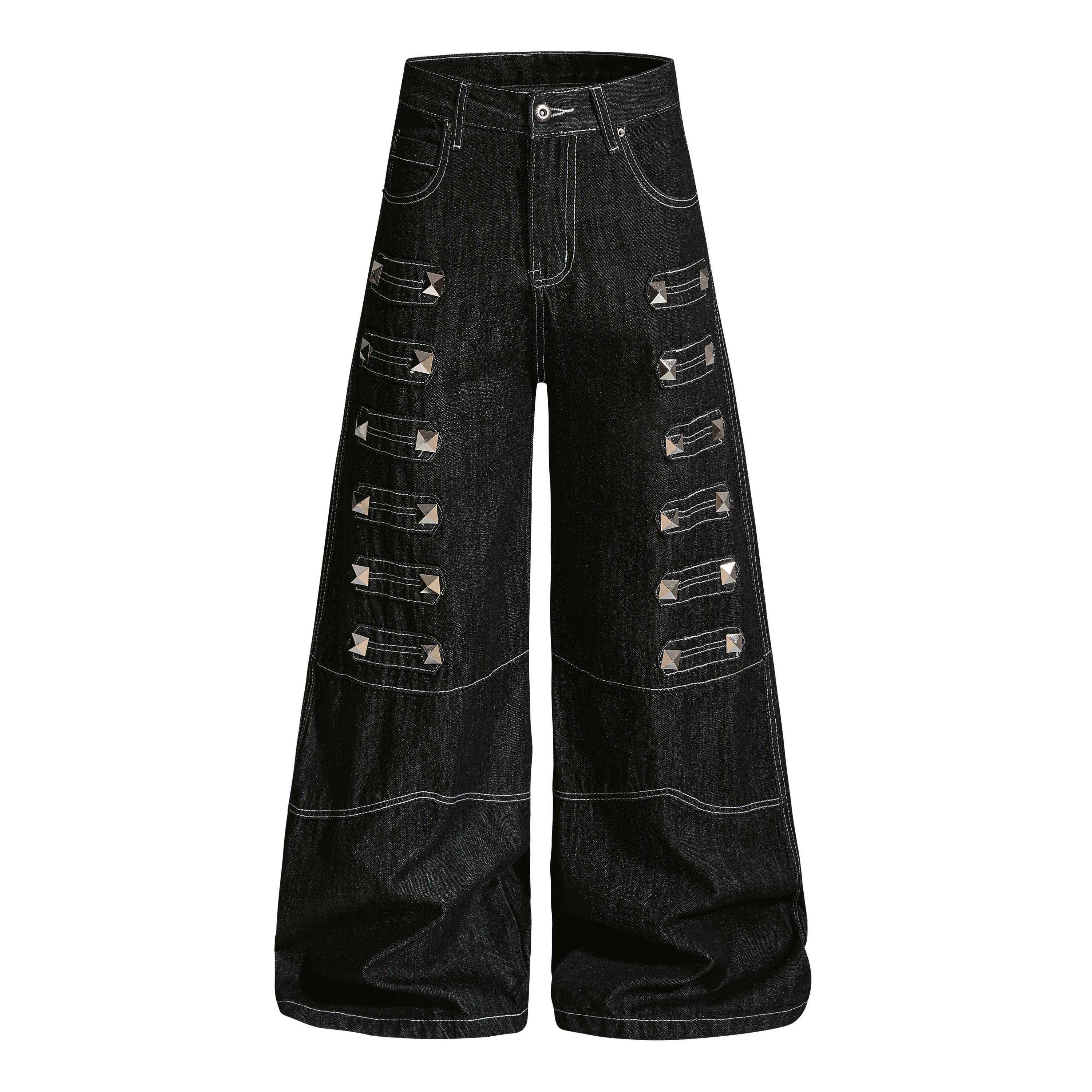 Studded Strap Wide-Leg Denim Pants | Punk Streetwear Jeans