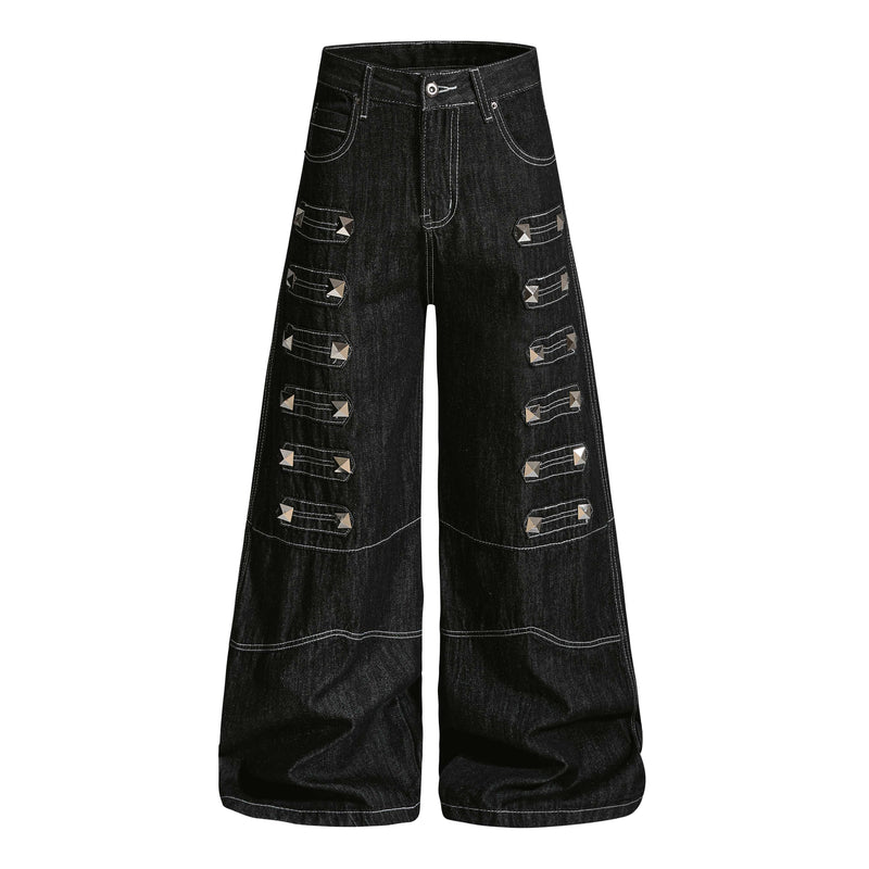 Black wide-leg denim pants with silver studded strap details, front view