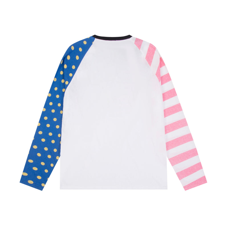 Back view of white raglan long sleeve tee with blue polka dot and pink striped sleeves