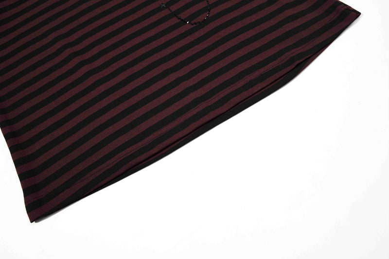 Black and burgundy striped tee with a draped fit and subtle rhinestone neckline detail