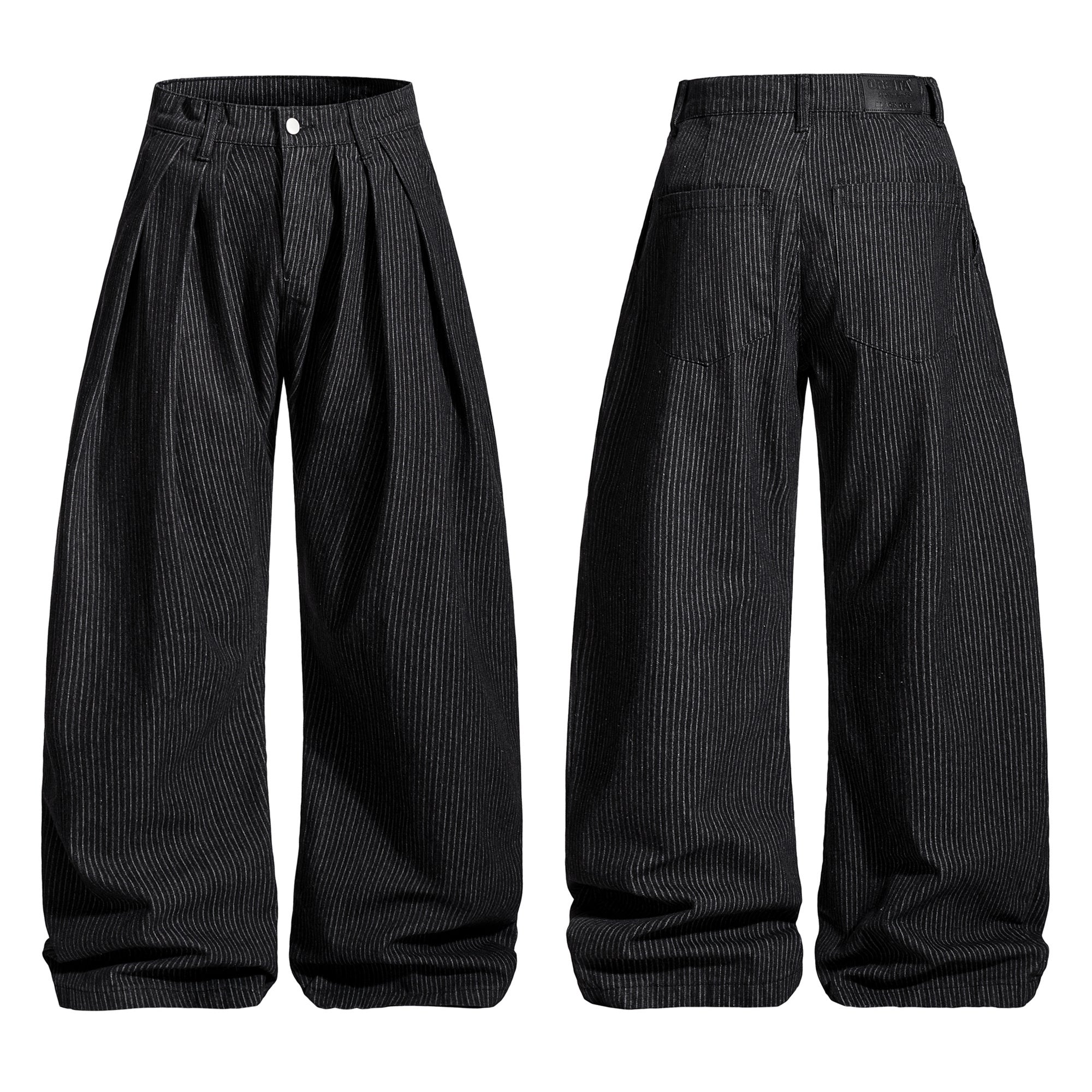 Front and back view of black pinstripe wide-leg barrel trousers with front pleats and mid-rise waist
