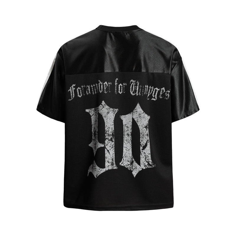 Black mesh streetwear jersey with gothic white back graphic and oversized distressed lettering