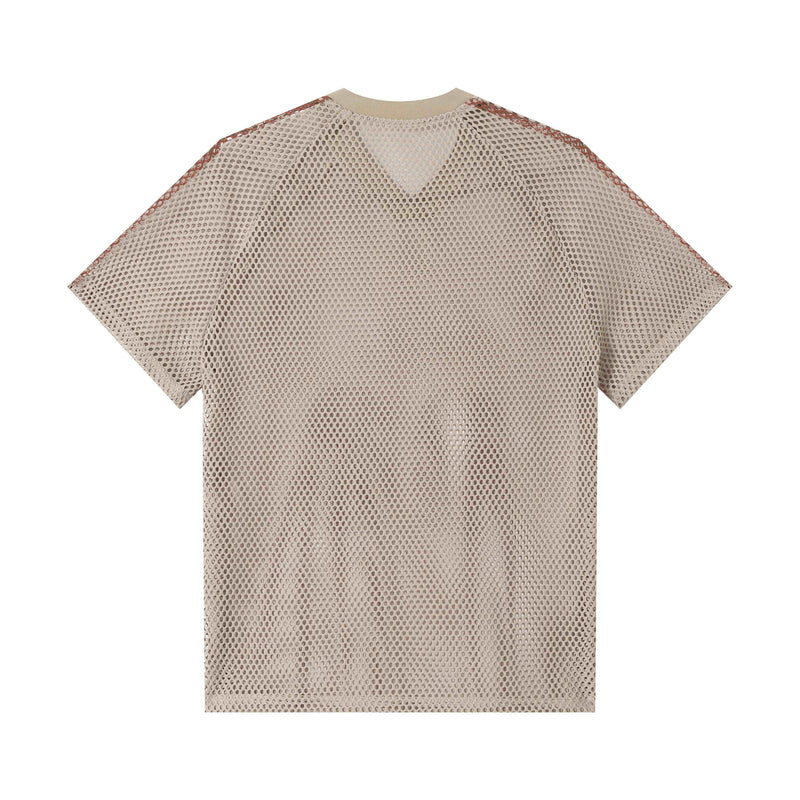 Beige mesh football jersey tee with oversized fit, short sleeves, and retro streetwear style on white background