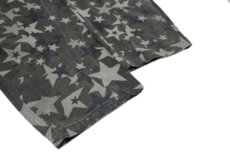 Close-up of hem and lower legs on barrel leg star print jeans